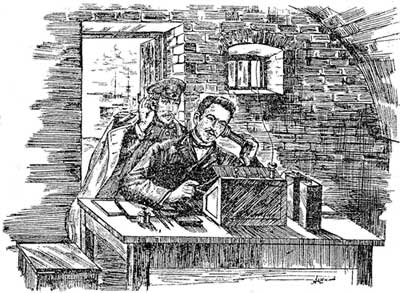 П. Н. Рыбкин и Д. С. Троицкий открывают прием на слух азбуки Морзе. 1899 г.