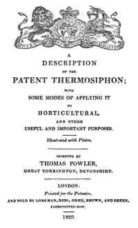 Т. Фаулер. Титульный лист брошюры с описанием термосифона. 1829