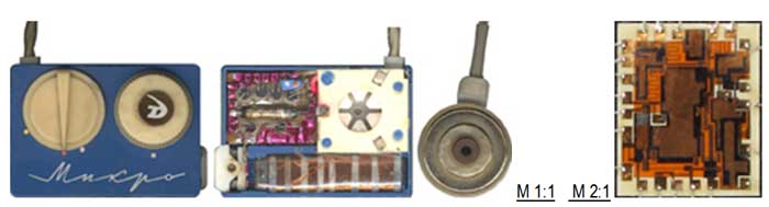 Первое в СССР изделие микроэлектроники – радиоприёмник «Микро» Размер приёмника 43х30х7,5 мм (без выступающих органов управления)